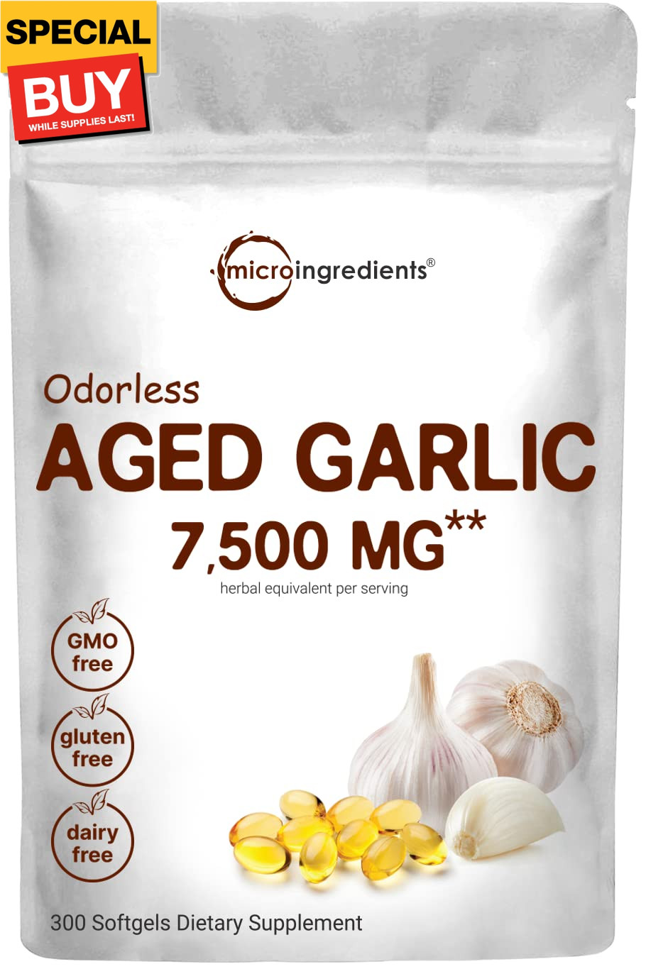 Odorless Garlic 7500mg Per Servings, 300 Softgels | 2 Years Aged Garlic Extract,