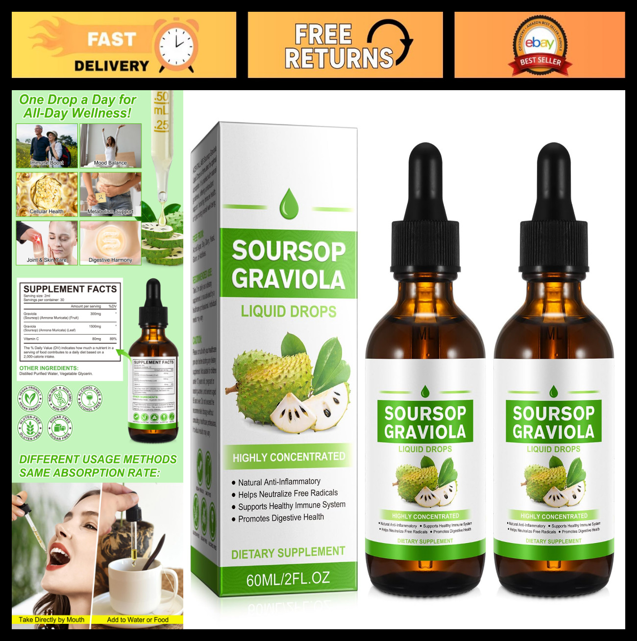 Soursop Graviola Liquid Drops – 2 Pack, Natural Extract for Immunity & Liver Sup