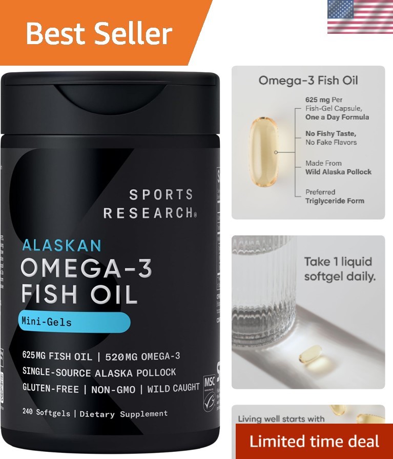Burpless Omega-3 Fish Oil Softgels 625mg from Wild Alaskan Pollock – 240 Count