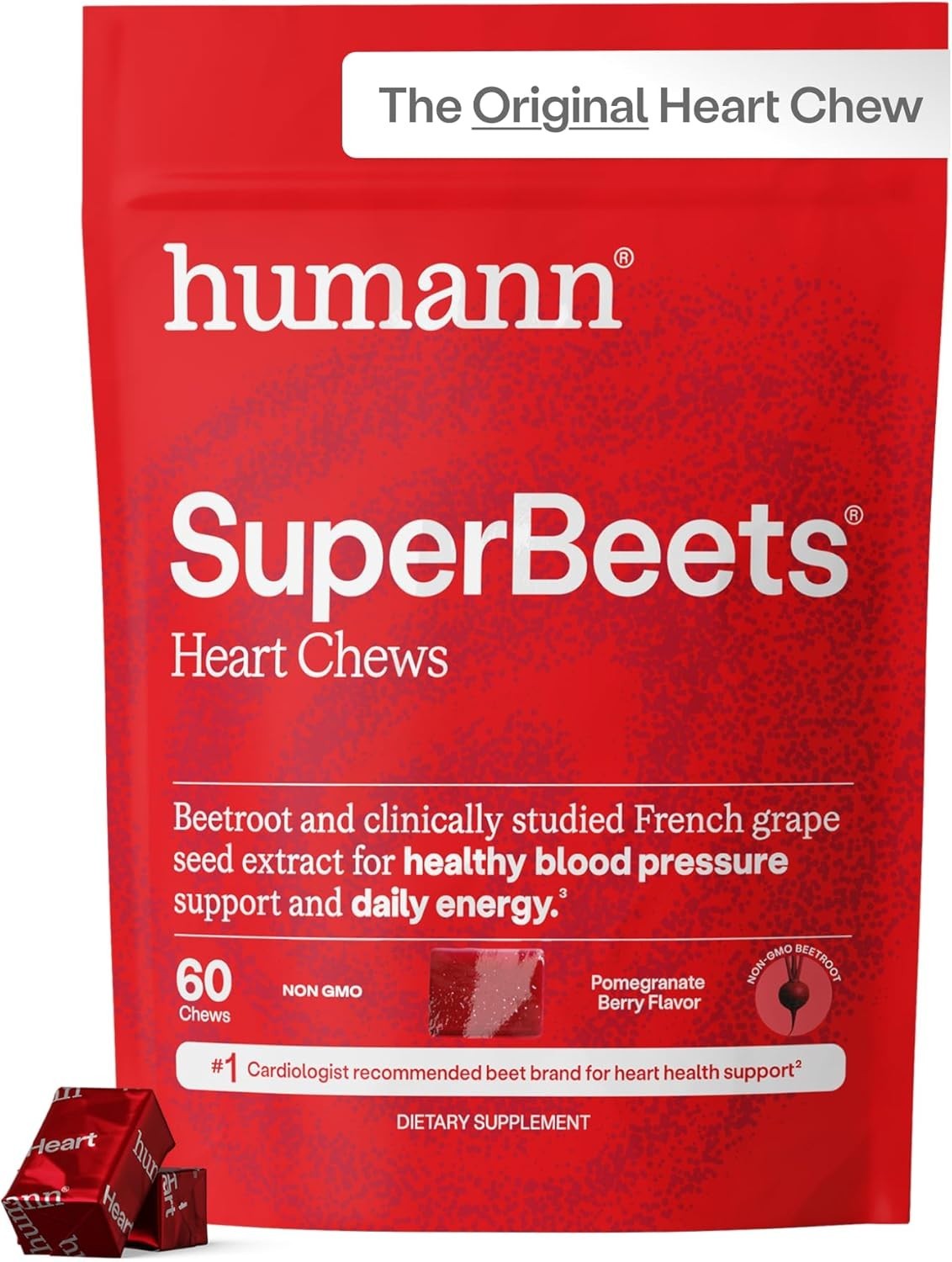 Humann – SUPER BEETS Heart Chews, 60 Count, Pomegranate Berry Flavor, 60 Count