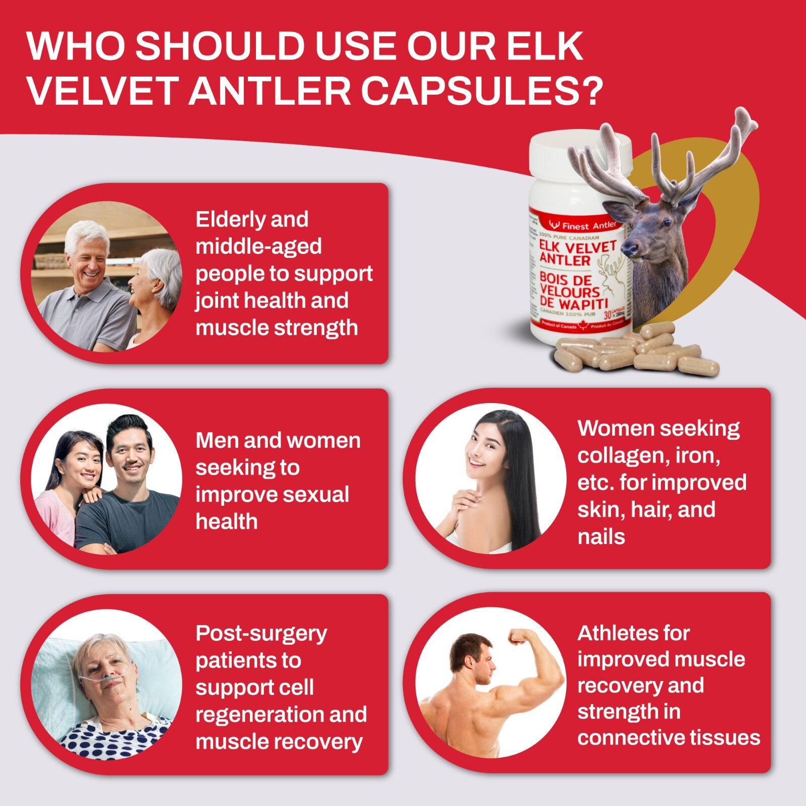 Elk Velvet Antler Capsules, 100% Pure, Made in Canada (30 caps, 280mg, 6-Pack)