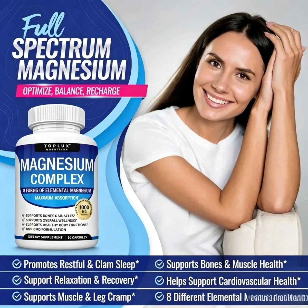 Toplux Magnesium Complex,8 Essential Forms,1000mg High Potency for Muscle&Sleep