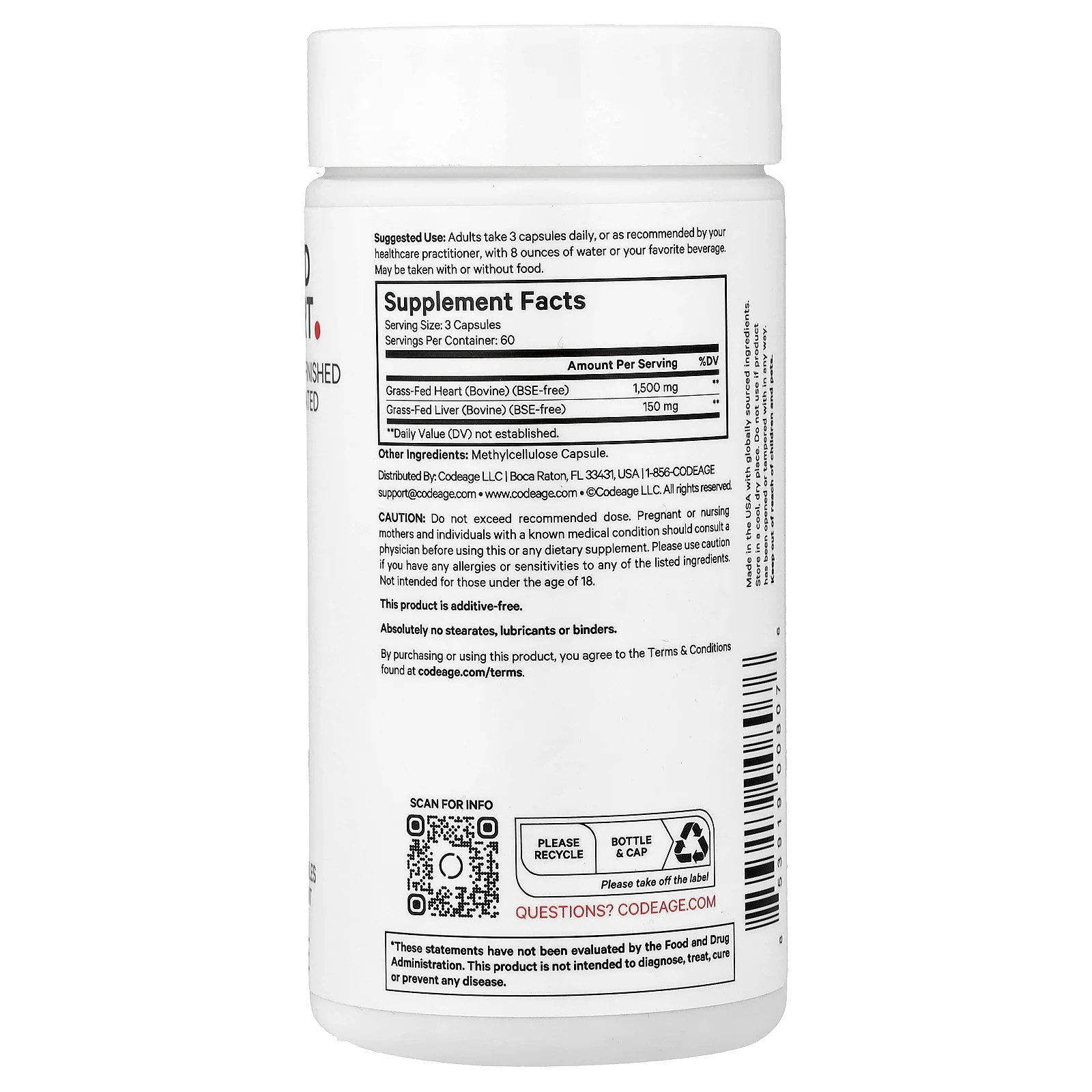 2 X Codeage, Grass-Fed Beef Heart, 180 Vegetable Capsules