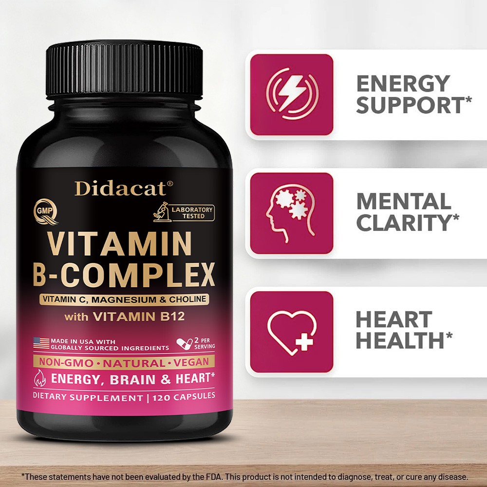 Vitamin B Complex Capsules B1 B2 B3 B5 B6 B12 Folic Acid and Biotin Energy