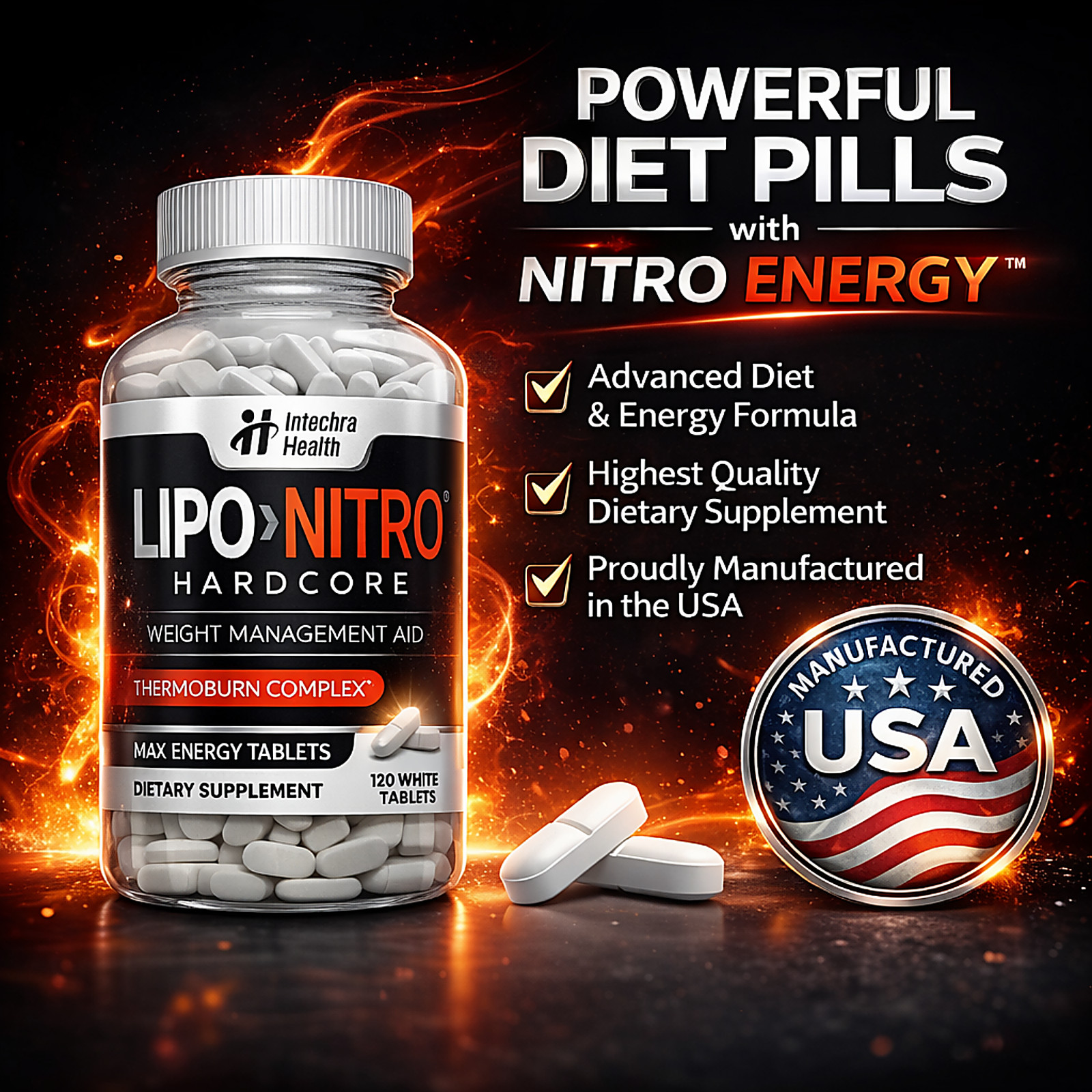 LIPONITRO New NITRO Energy & Weight Management Diet Pills – 120 White Tablets