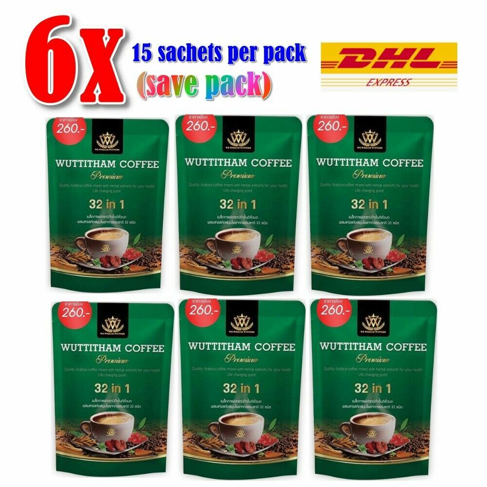 6x Wuttitham Healthy Coffee 32 in 1 Herbs Instant Mixed Weight Control Manage