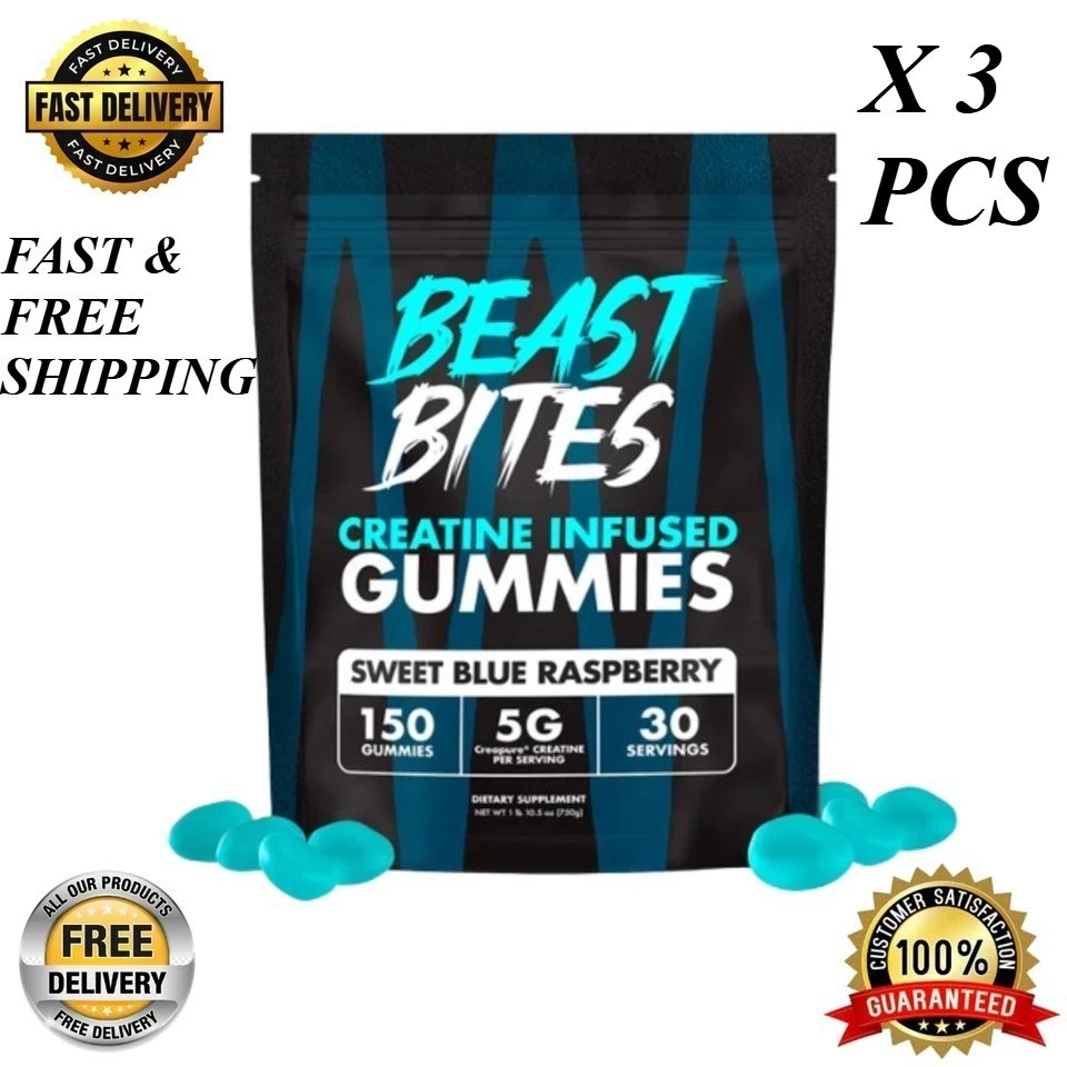 3 PACKS-Beast Bites Creatine Infused Gummies Sweet Blue Raspberry – 30 Servings