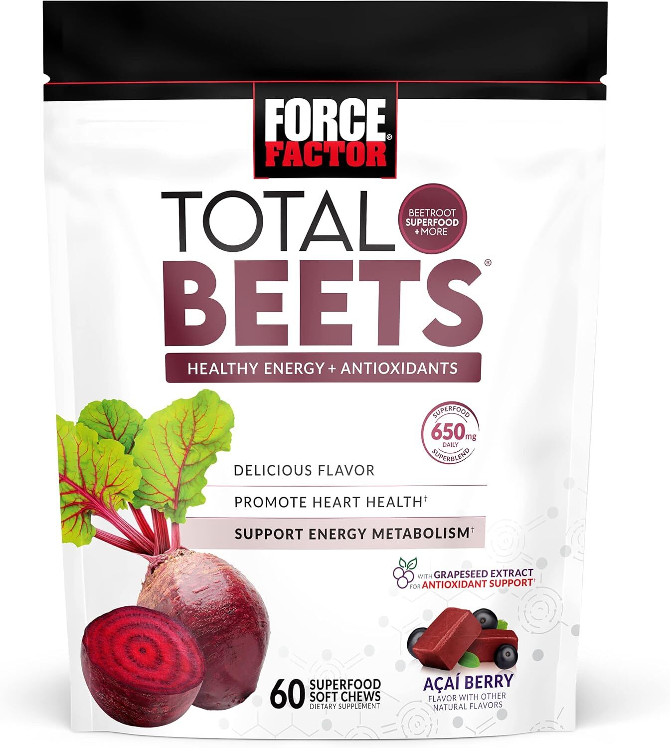 Force Factor Total Beets Soft Chews with Beetroot, 60 Count (Pack of 1)