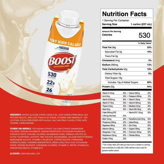 BOOST Very High Calorie Nutritional Protein Drink, Very Vanilla, 8 fl oz, 24Pack