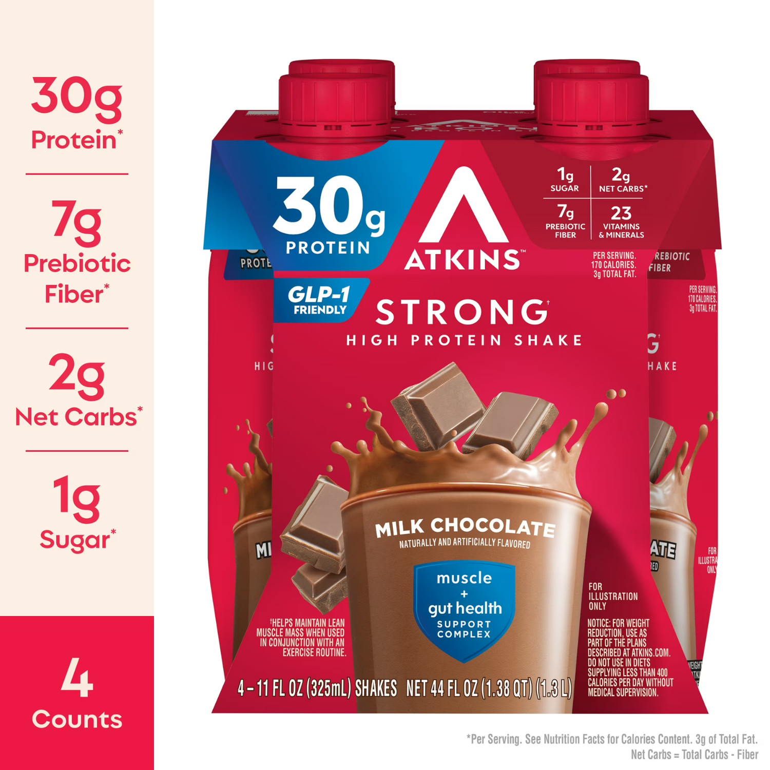 Atkins Strong, High Protein Shake, Milk Chocolate, 30g of Protein, 4 Count, 3 PK