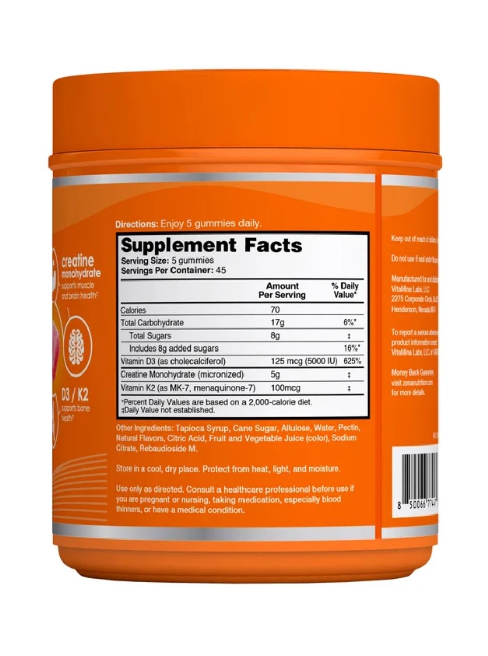 Zena D3/K2+Creatine Monohydrate Gummies, 225-count watermelon flavor bone & musc