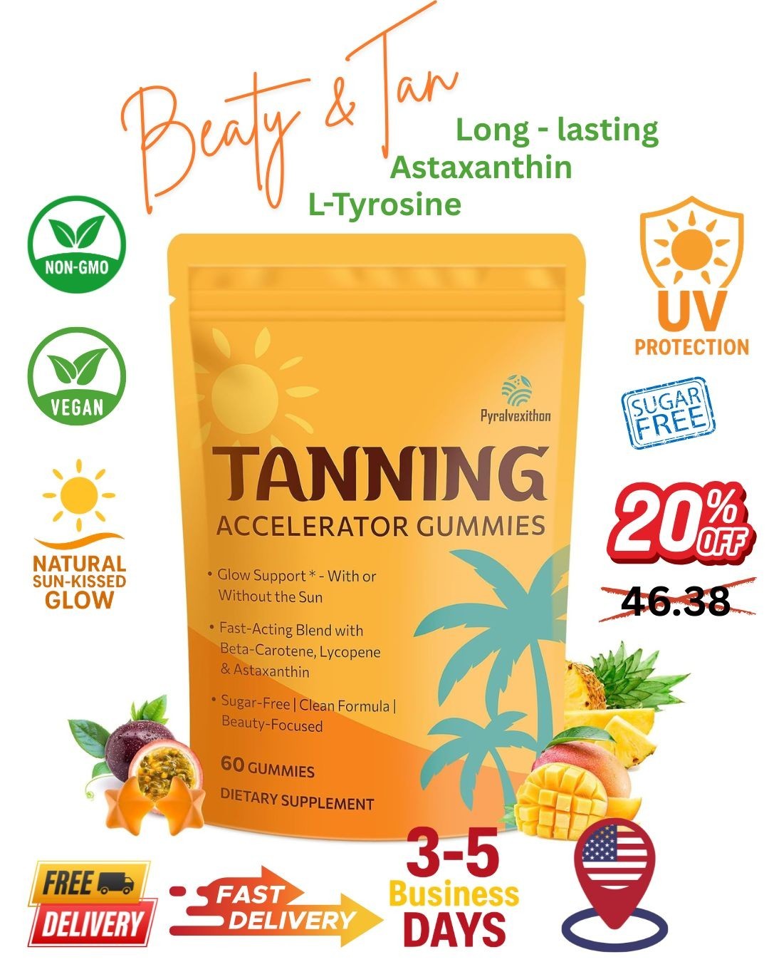 Tanning Gummies 24mg Astaxanthin Collagen L-Tyrosine Sunless Tan Booster 60count