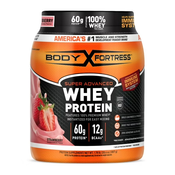 Body Fortress Whey Protein Strawberry 1.78lb 60g Protein Powder