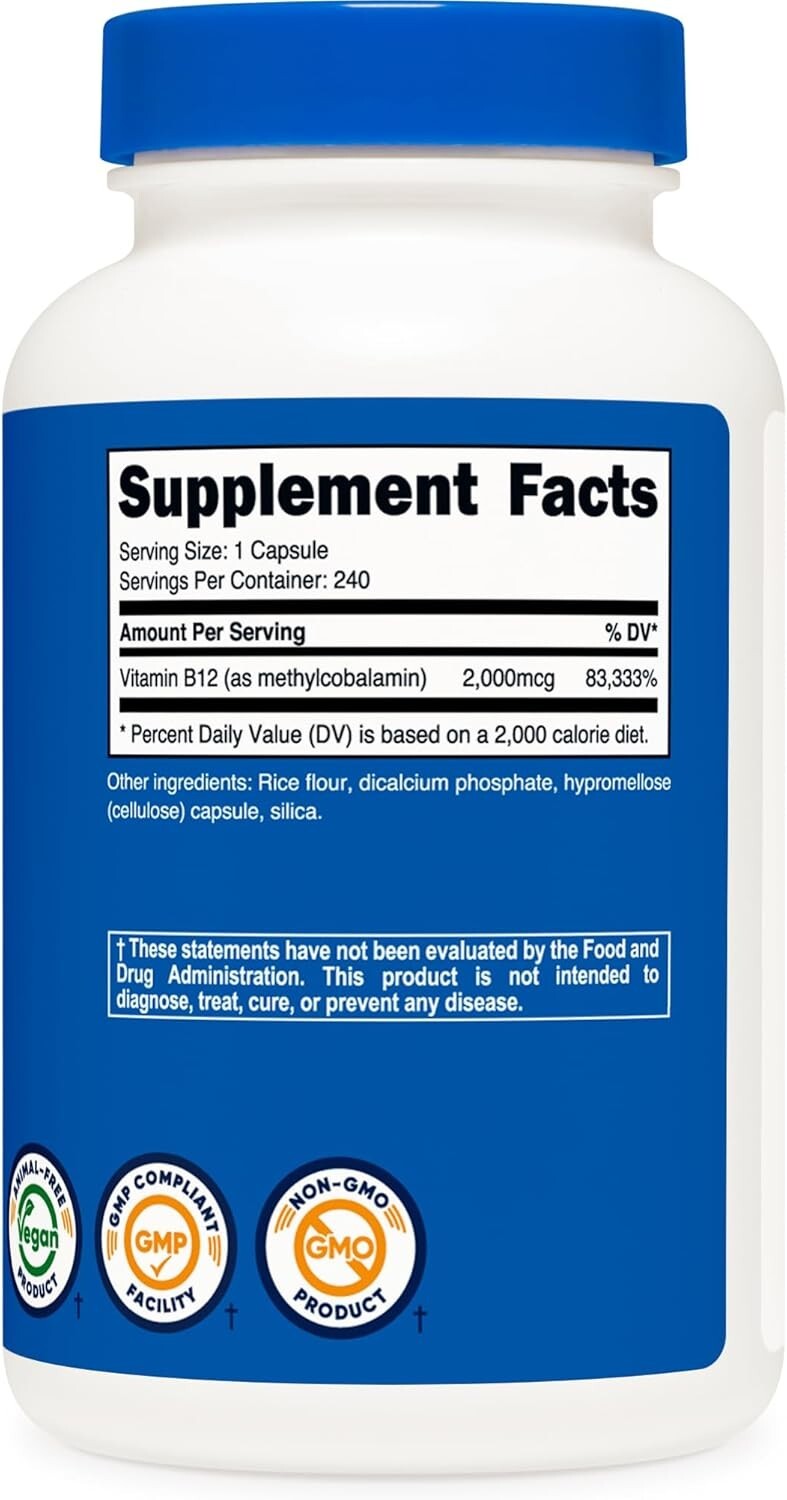 Pure Vegetarian B12 Methylcobalamin 2000mcg – 240 Non-GMO Capsules for Wellness