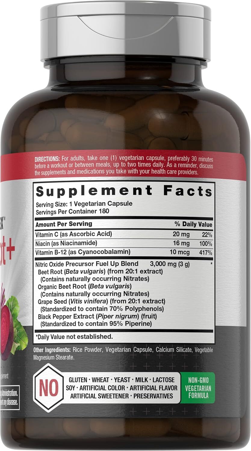 Nitric Oxide Beet Root Capsules | With Nitrates | 180 Count | by Horbaach