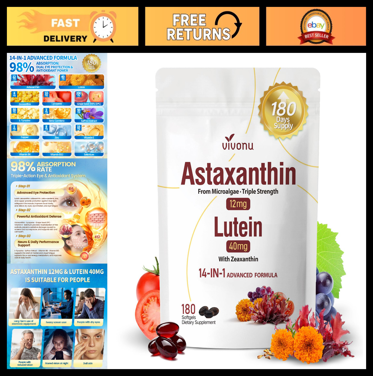 14-in-1 Astaxanthin & Lutein 12mg, Zeaxanthin Softgels – 6 Month Supply, Eye & S