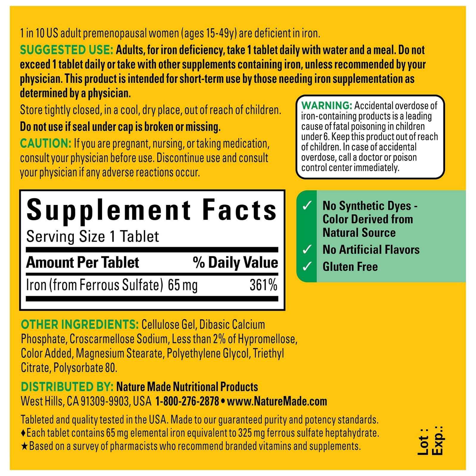 Nature Made Iron 65mg Ferrous Sulfate 325mg Tablets – 150 Count