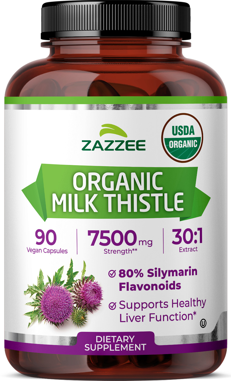 USDA Organic Milk Thistle 30:1 Extract, 7500 mg Strength, 90 Vegan Capsules
