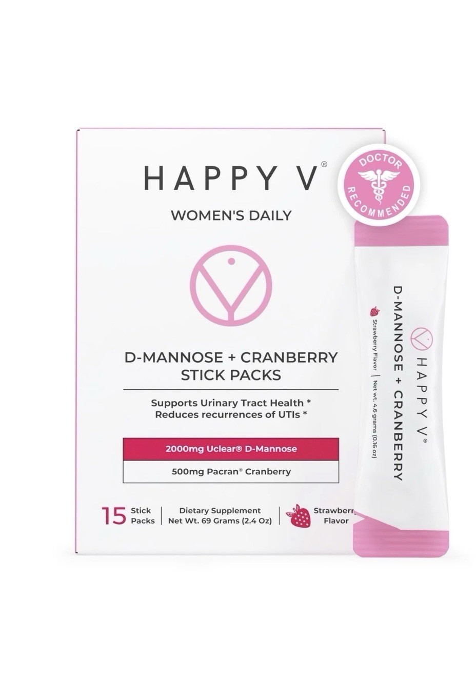 Happy V D-Mannose + Cranberry Stick Packs Urinary Tract Health. New In Box