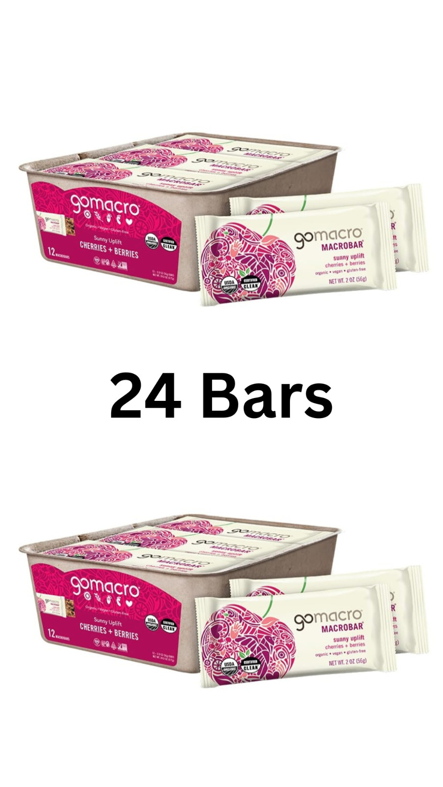 GoMacro Cherries + Berries MacroBars 24 Count Organic Vegan Exp 09/10/2026