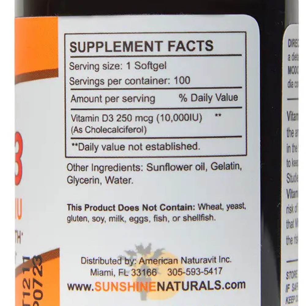 Sunshine Naturals Vitamin D3 Dietary Supplement. High Strength. 250mcg. 100 Gels