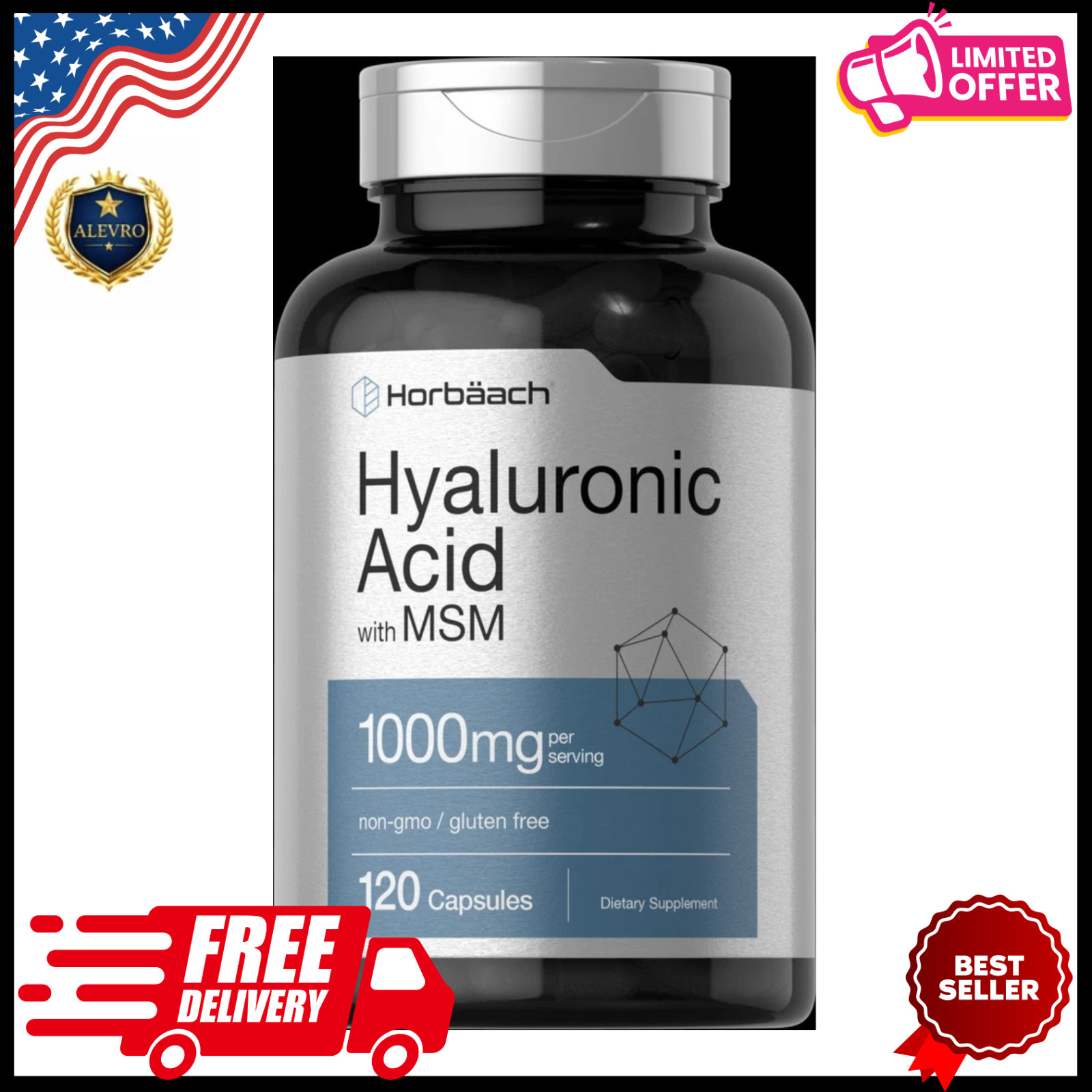 Hyaluronic Acid with MSM | 1000 mg | 120 Capsules | Non-GMO | by Horbaach US NEW