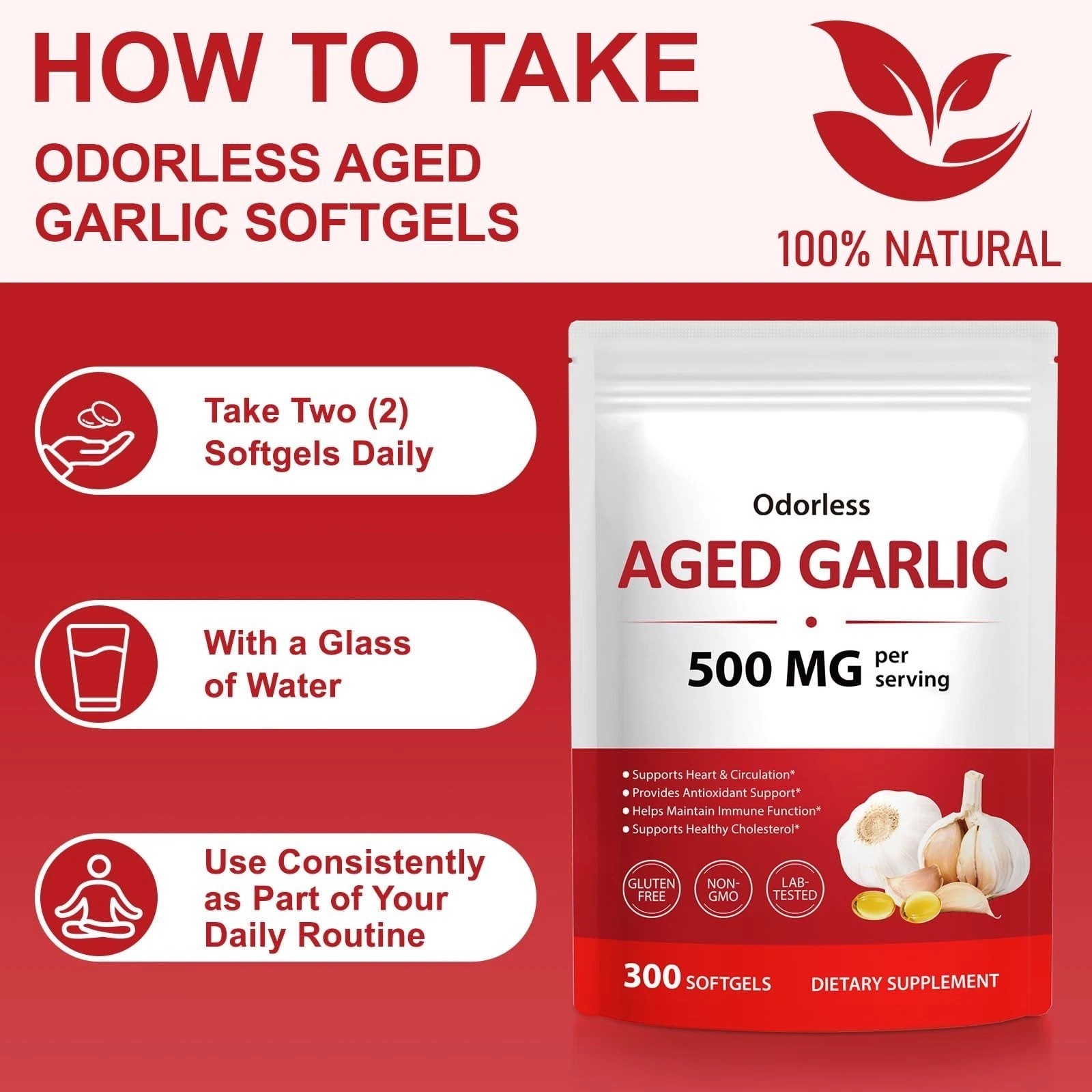 Odorless Garlic 7500Mg per Servings, 300 Softgels | 2 Years Aged Garlic Extra…