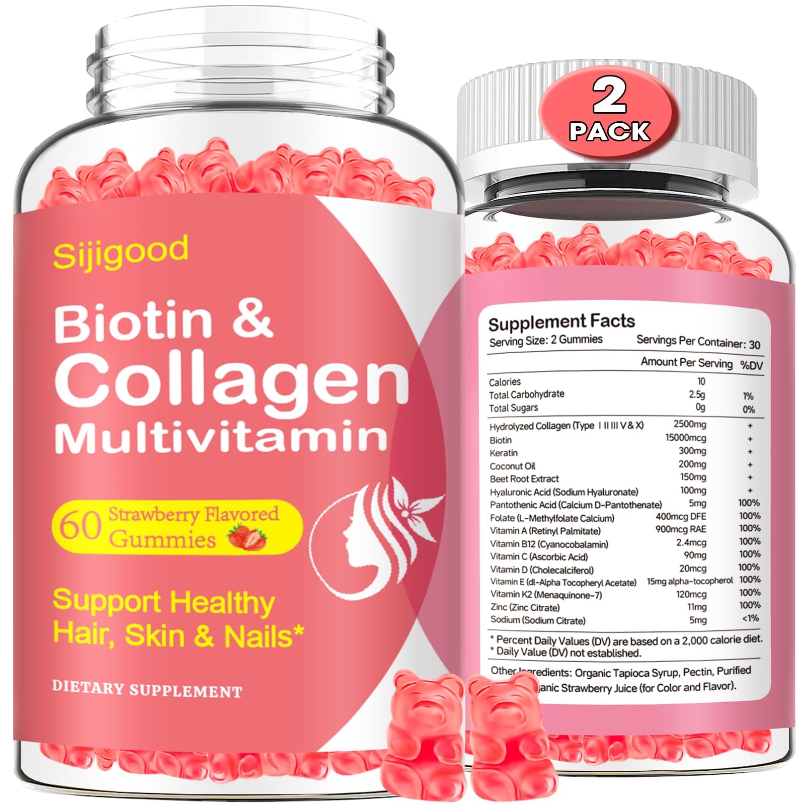 Sijigood 2 Pack Multi Collagen Peptides Gummies For Women Men Ultra Hydrolyzed