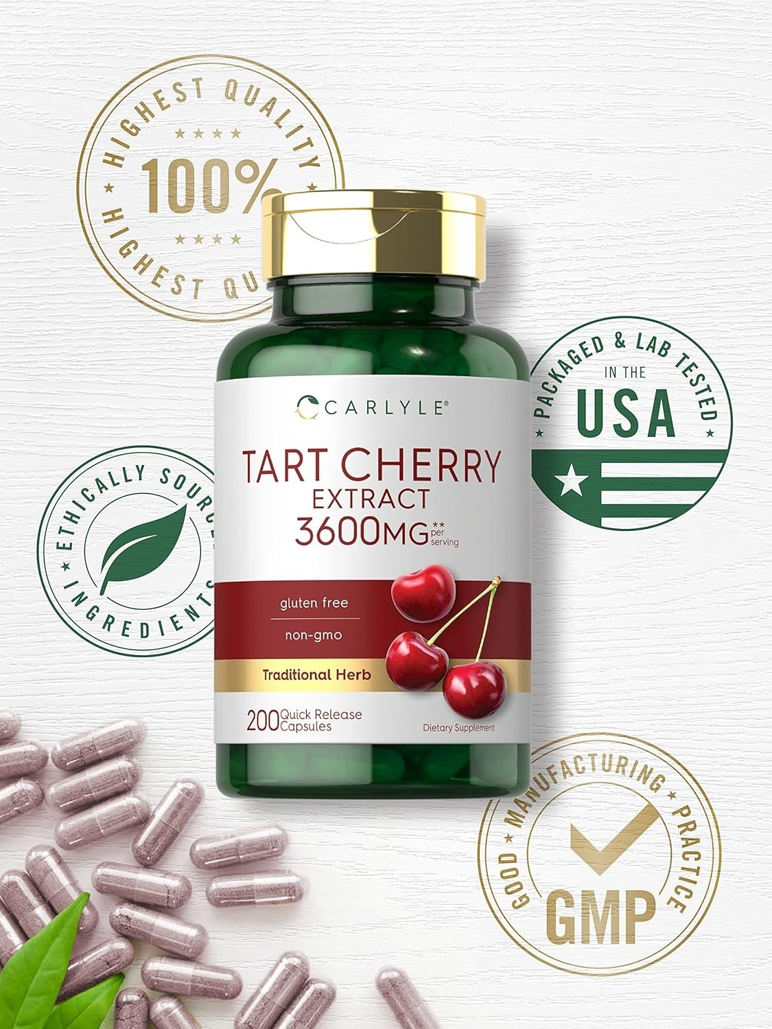 Tart Cherry Capsules | 3600mg Extract | 200 Count | by Carlyle