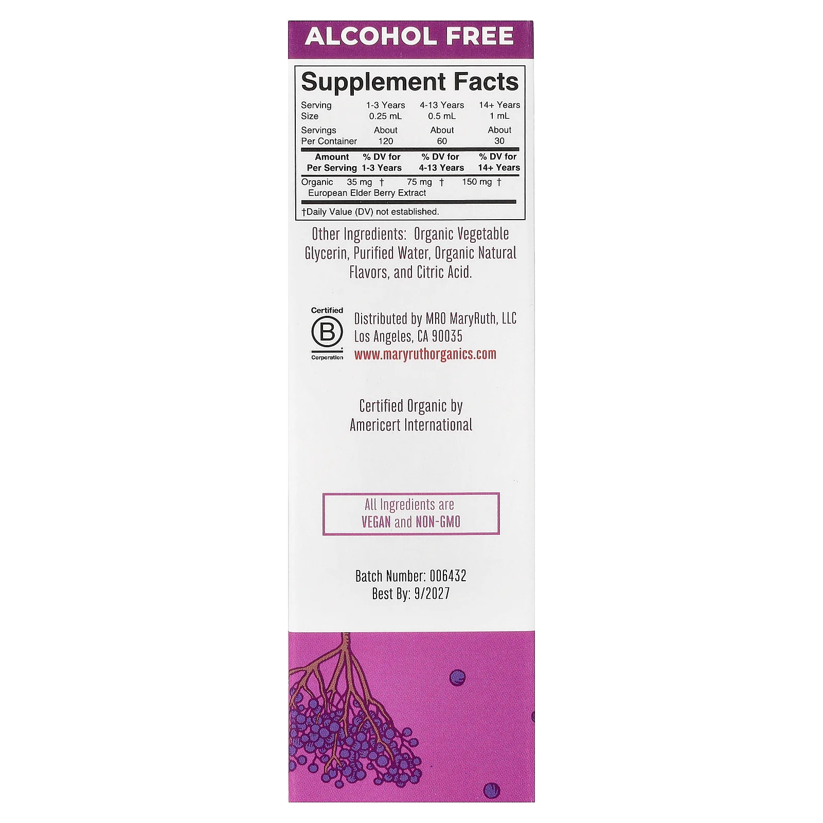 2 X MaryRuth’s, Organic Elderberry Liquid Drops, Blueberry + Raspberry, Alcohol