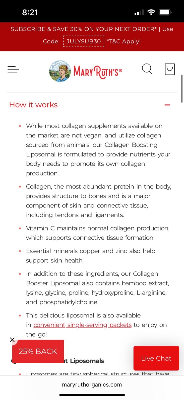 MaryRuth Organics Vegan Collagen Booster Liposomal Maple Hot Cocoa 7.6 Oz