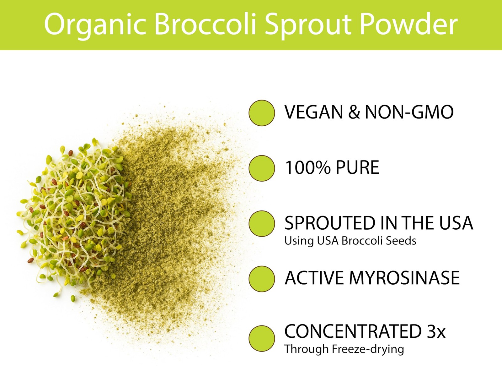 Organic USA Broccoli Sprout Powder Freeze-dried 36 Servings Active Myrosinase