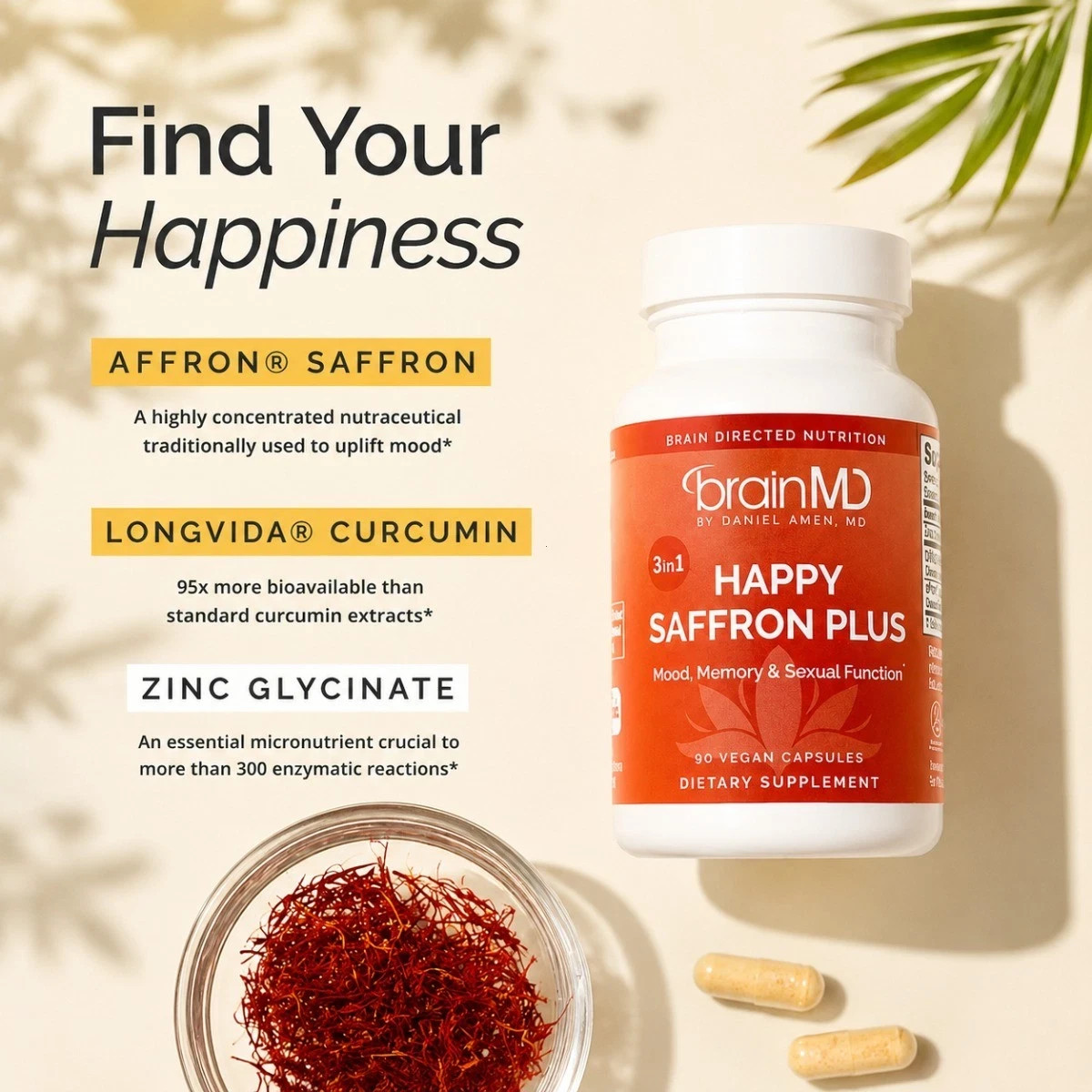 BrainMD Happy Saffron Plus 3-in-1 Vegan Capsules Mood Focus & Hormone Support