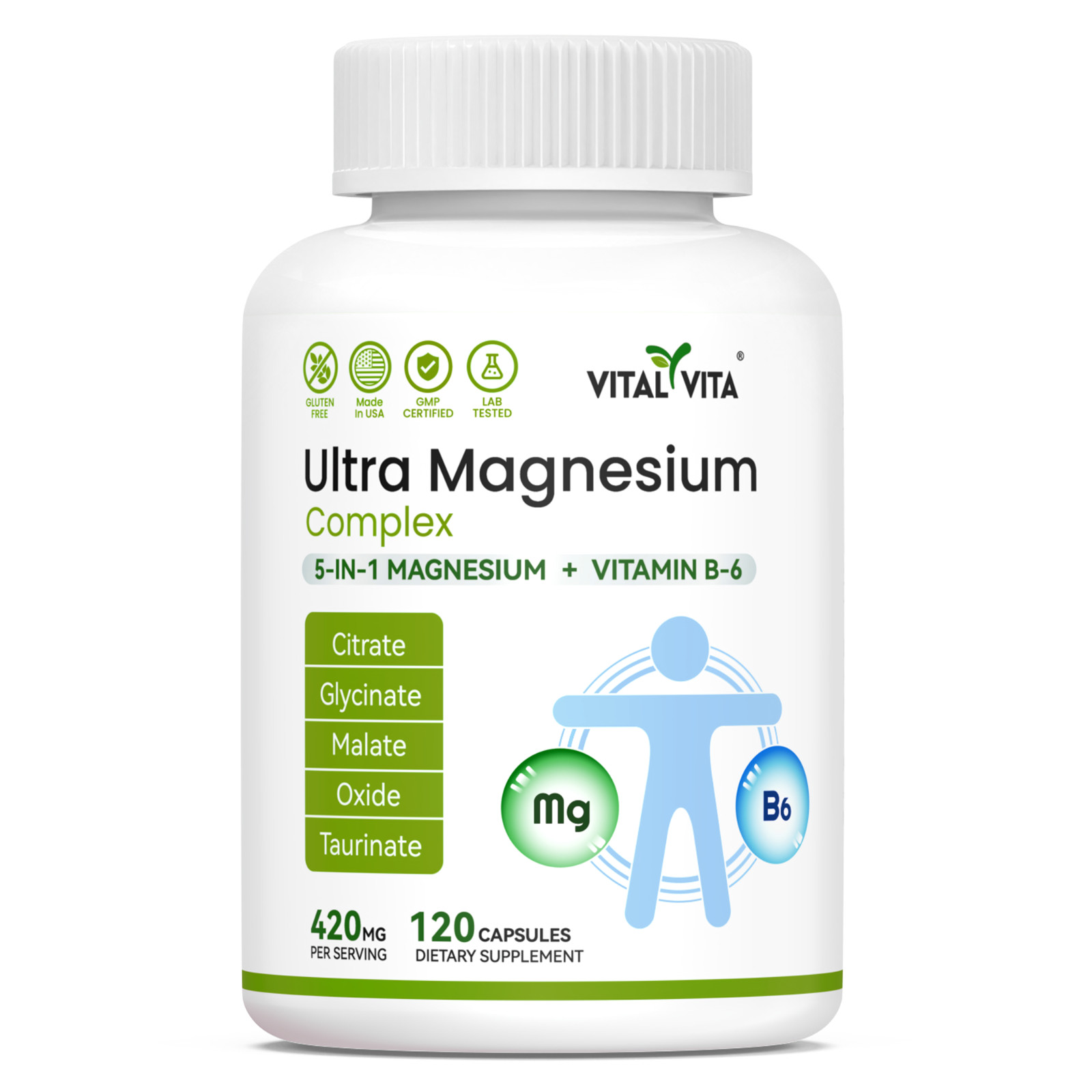 High Absorption Magnesium Glycinate, Malate, Taurinate, Oxide, Citrate and VB6