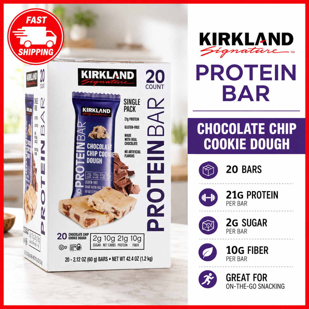 Kirkland Signature Protein Bars Chocolate Chip Cookie Dough, 20-count