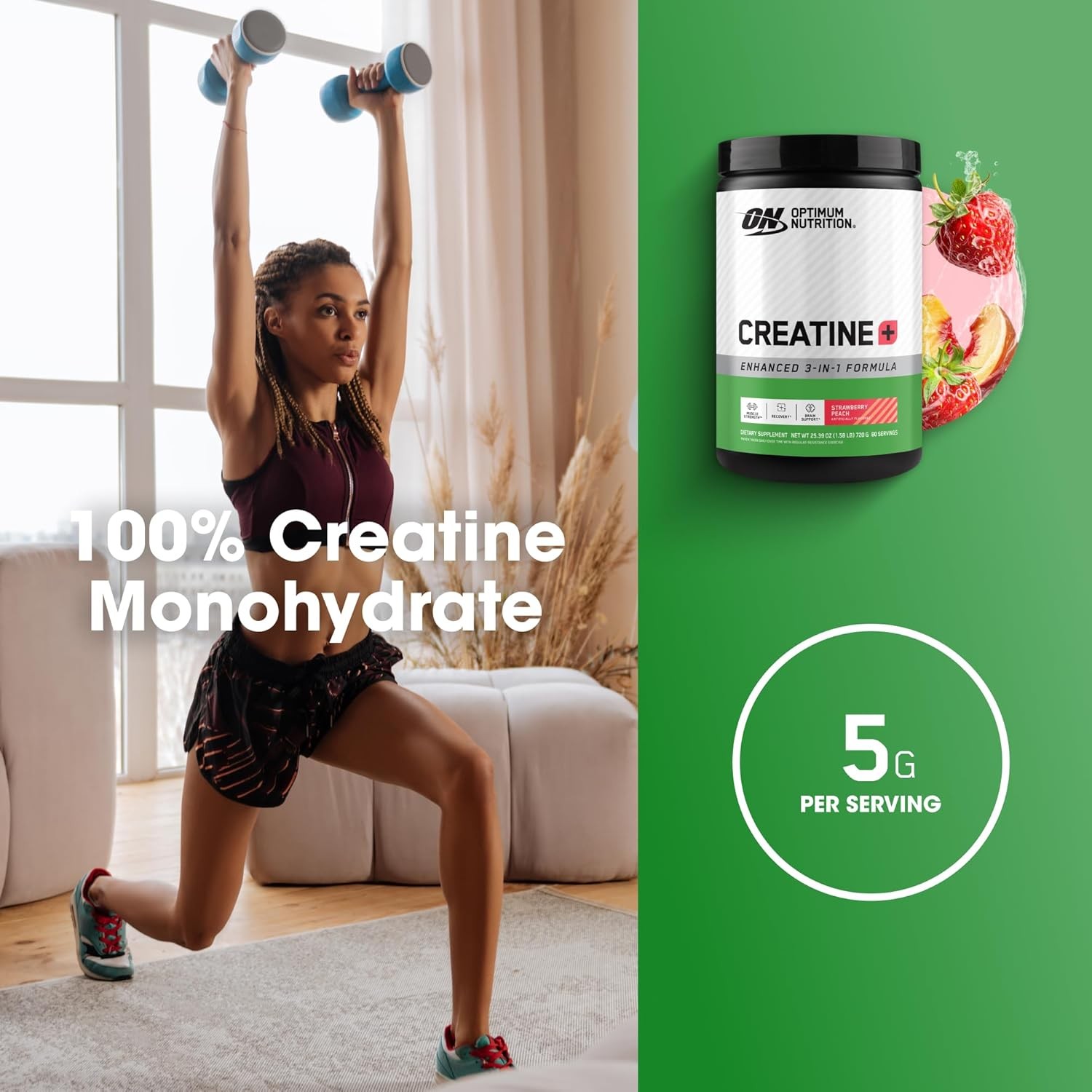Optimum Nutrition Creatine Monohydrate Powder Strawberry Peach Performance 720g