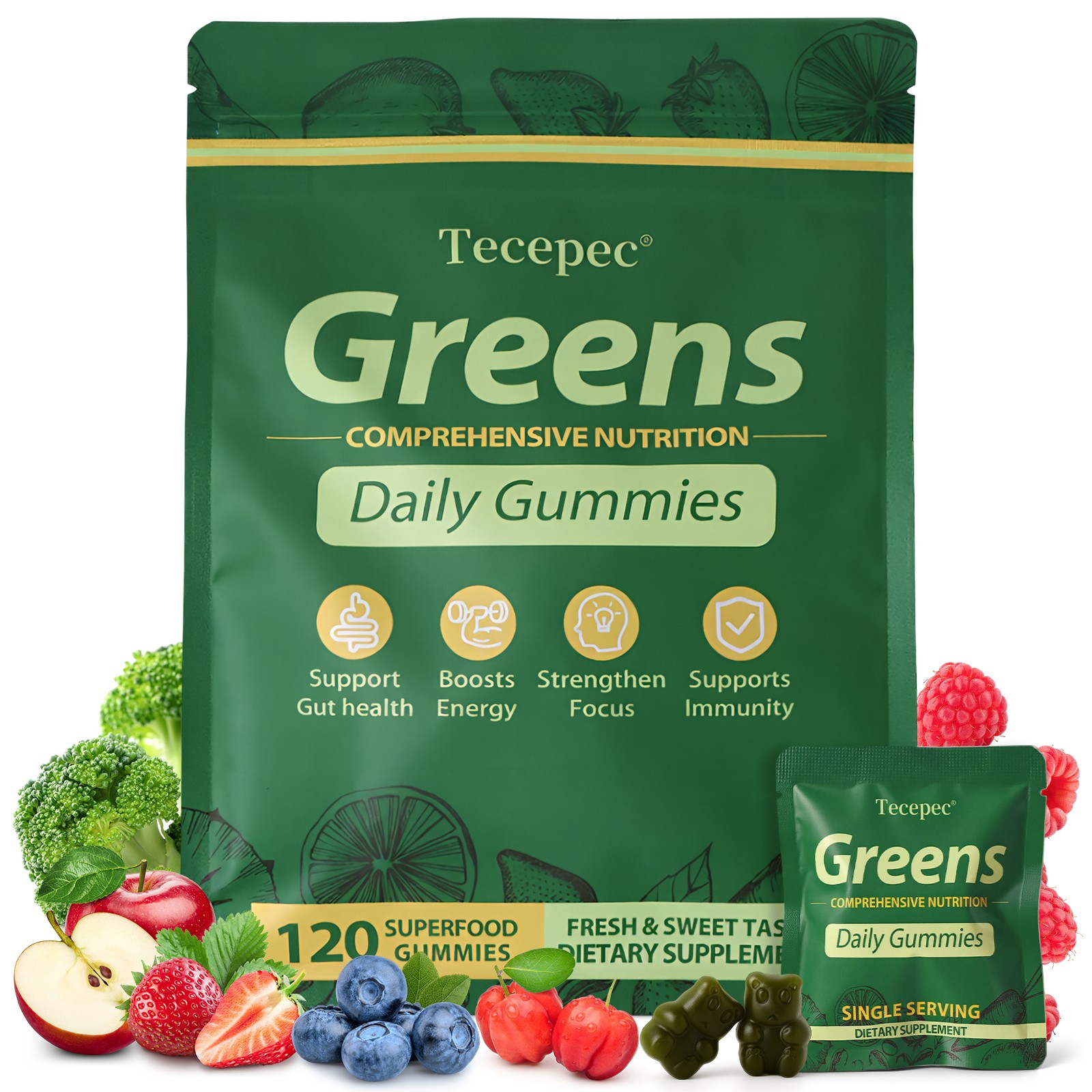 Greens Daily Gummie with 60+ Fruits,Gut,Wellness, Energy,Brain & Immunity 120 CT
