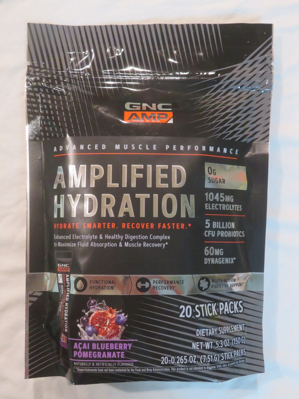 GNC AMP Amplified Hydration 20 Stick Packs 5.3 Oz Acai Blueberry Pomegranate