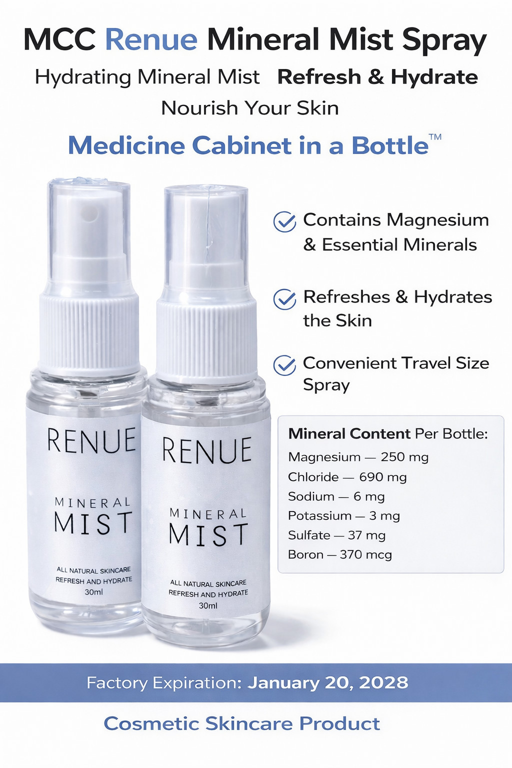 2 Sealed Bottle of MCC PRIME LIFESTYLE Renue Mineral Mist, Organic, 30 ml each