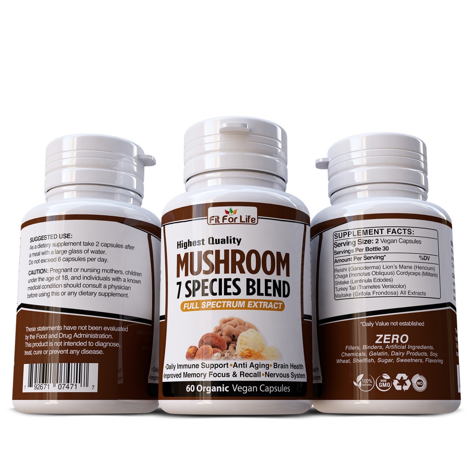 Multi Mushroom Complex Supplement 60 Pills Reishi Lions Cordyceps Chaga Shiitake