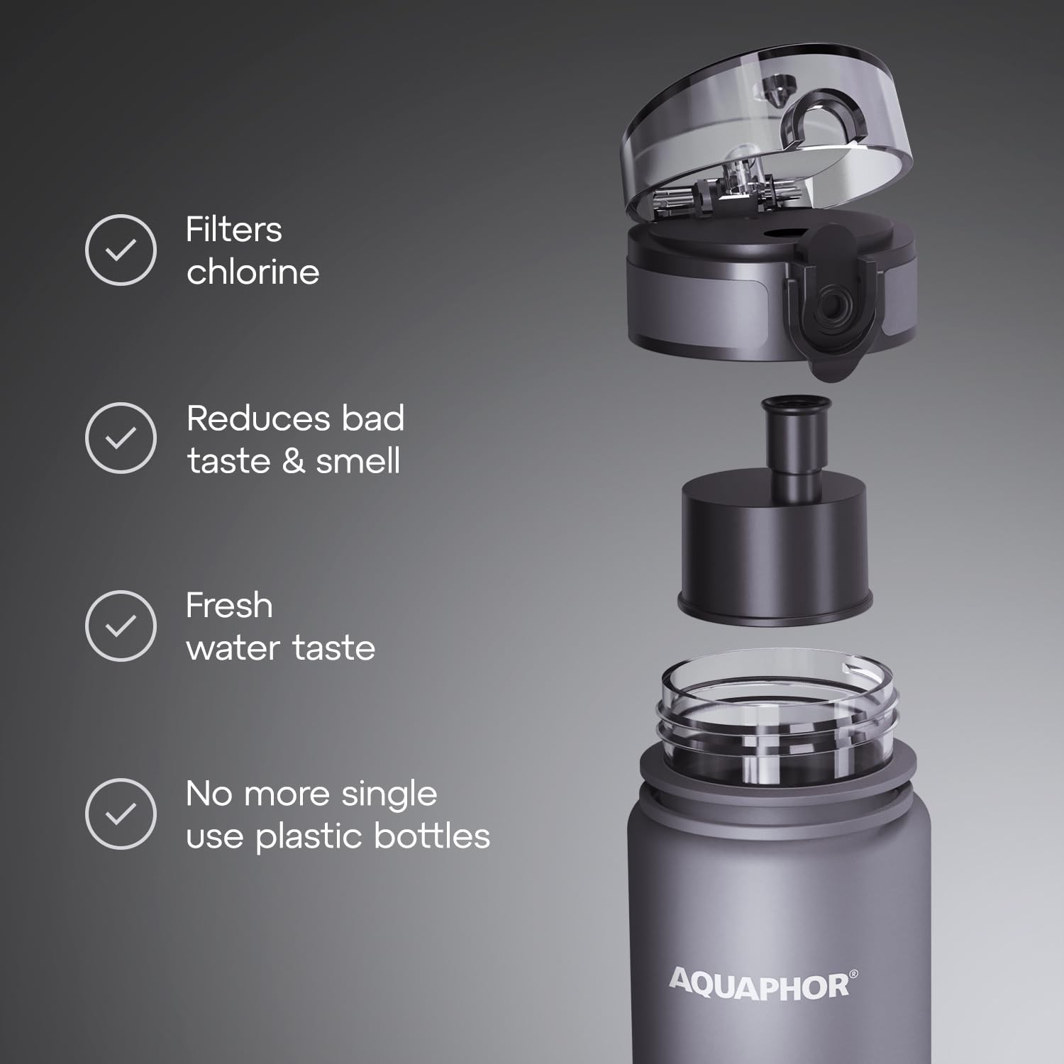 AQUAPHOR City Water Filter Bottle 17 oz | Reusable & 16.9 Ounces, Grey