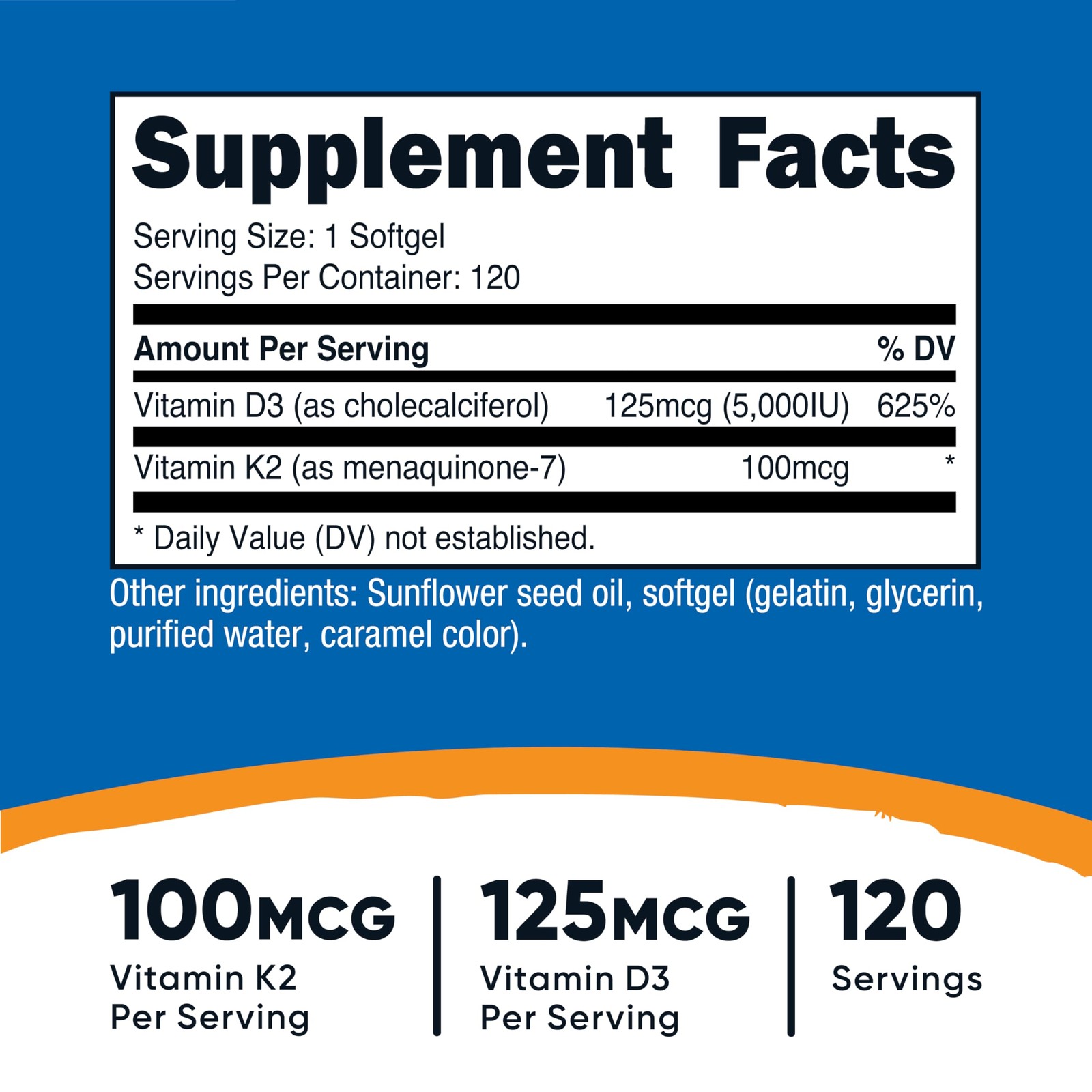 Nutricost Vitamin D3 + K2 (5000 IU / 100mcg MK7), 120 Count (Pack of 1)