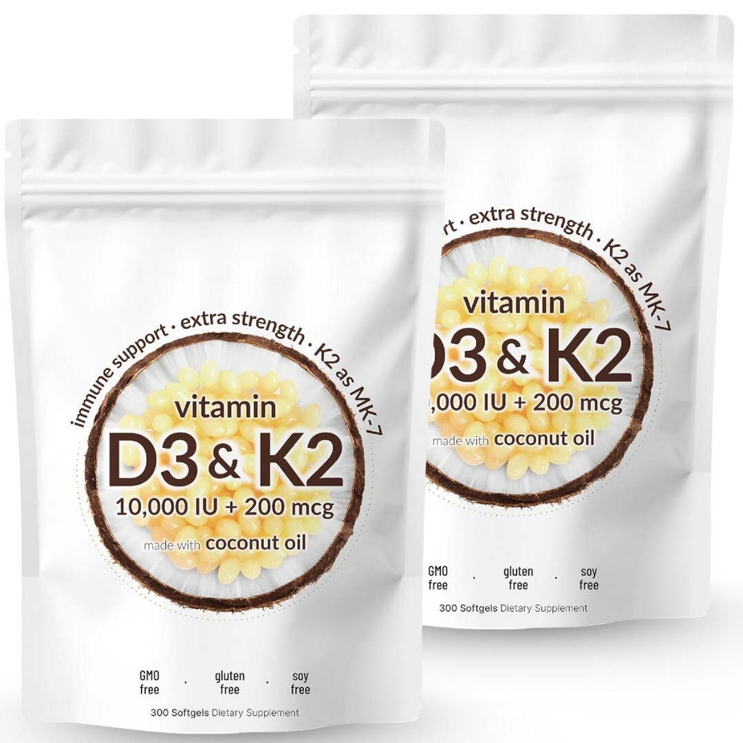 (Pack Of 2) Vitamin D3 10000 iu Plus K2 200 mcg, 300 Virgin Coconut Oil Softgels