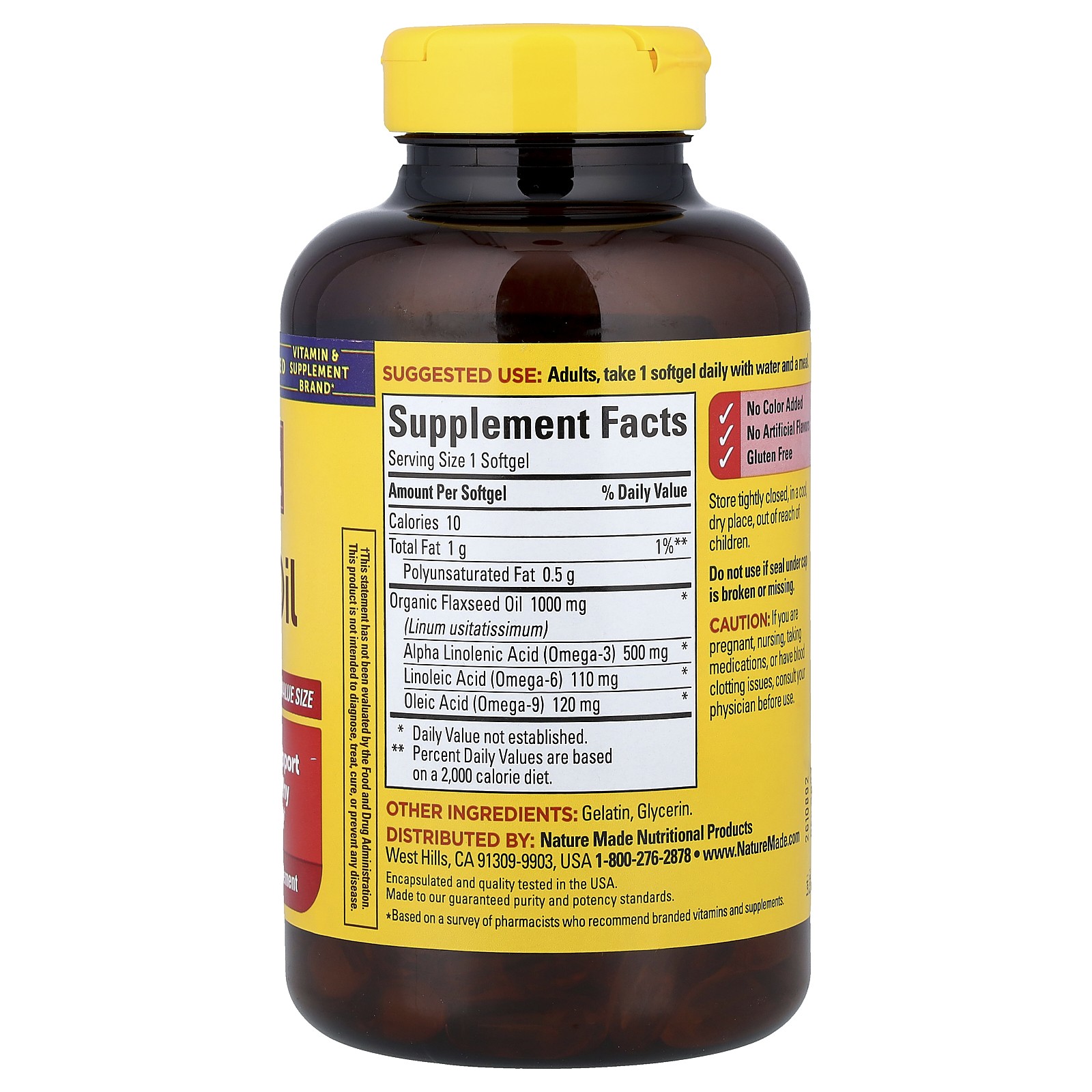 Nature Made Flaxseed Oil 1000 mg 180 Softgels Gluten-Free, No Artificial