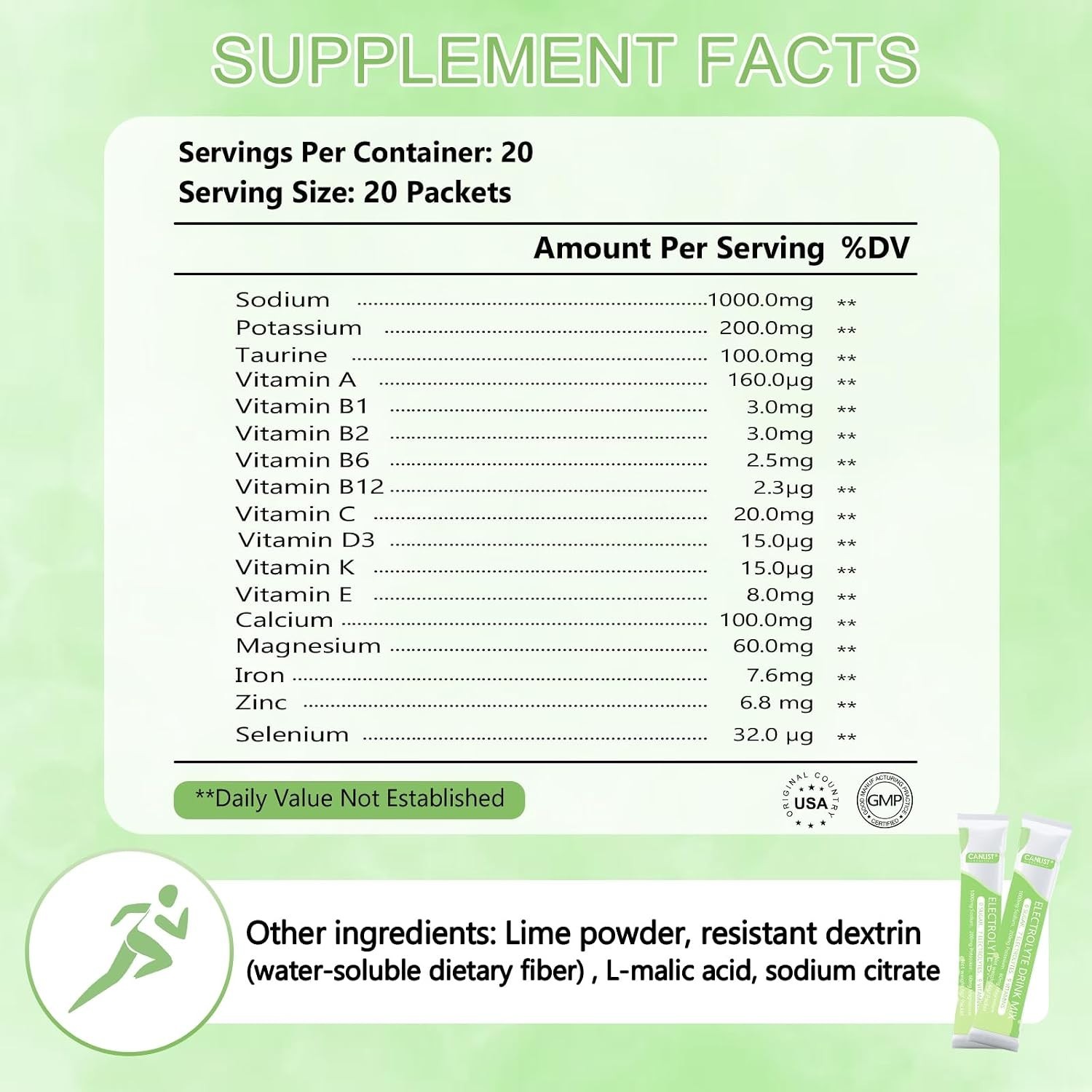 Electrolyte Mix Powder – Sugar-Free & GMO-Free for Quick Energy (20 Stick Packs)