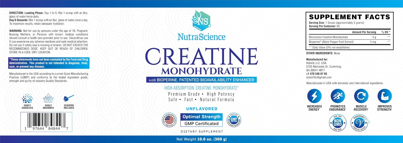 Creatine Monohydrate Powder 5000mg – Lean Muscle Growth, Recovery, Vegan, 60 Ser