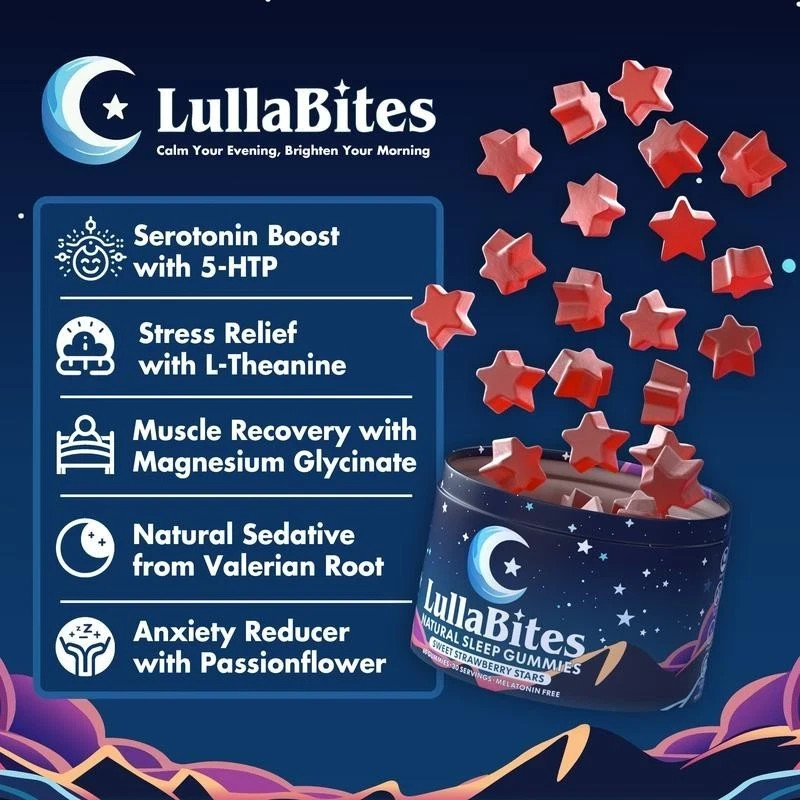 LullaBites Natural Sleep Gummy Vitamins – 30 Servings -Sweet Strawberry Stars