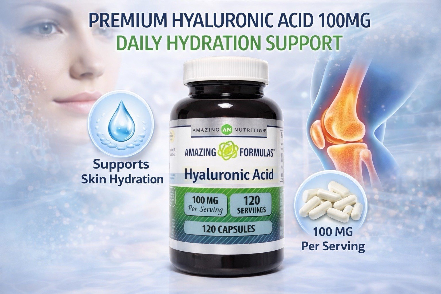 Amazing Formulas Hyaluronic Acid 100 mg Dietary Supplement 120 Count✅Duo Pack