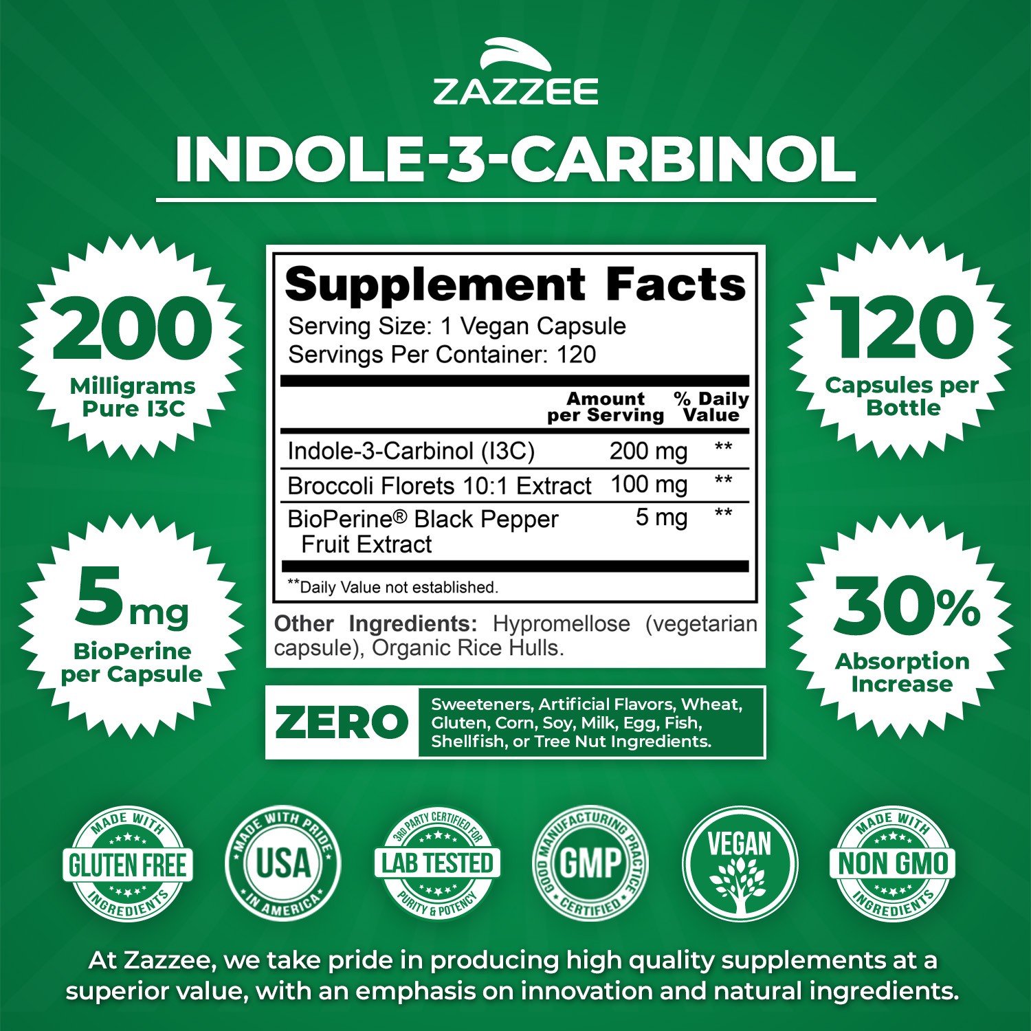 Indole-3-Carbinol (I3C) 120 Veggie Capsules 200 mg 100% Pure 10 mg BioPerine