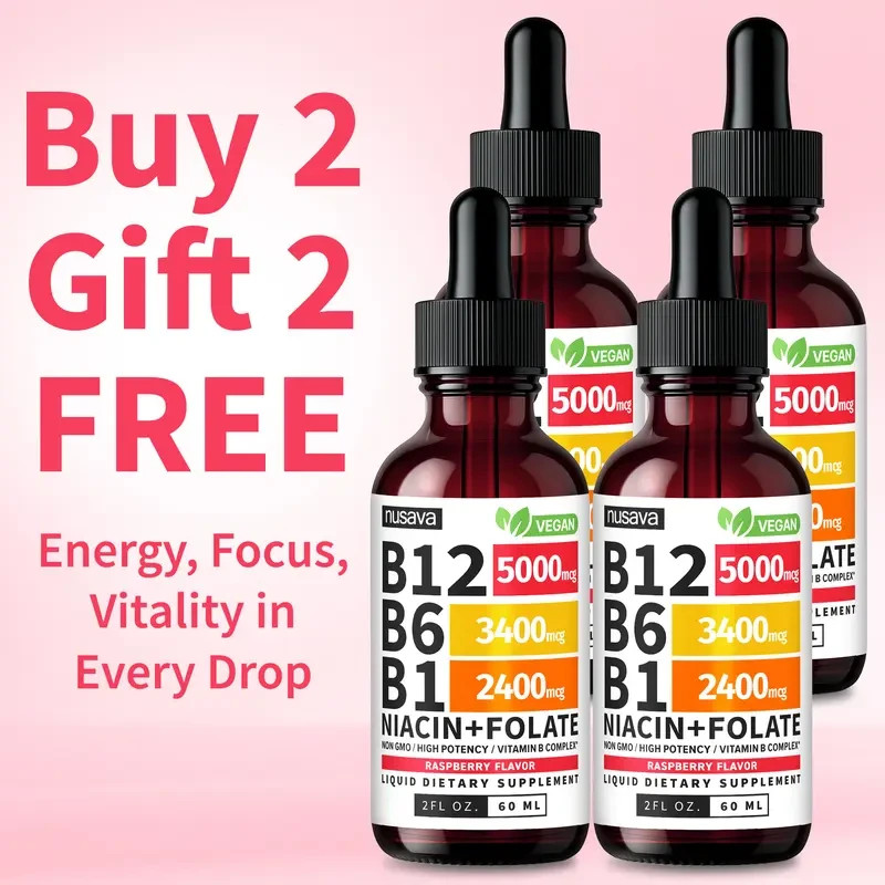 4-Pack Nusava Vegan Vitamin B Complex B12 B6 B1 Niacin + Folate Raspberry Favor